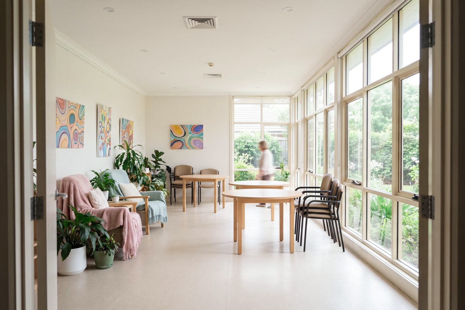 A bright activity room at the centre, with tall windows looking onto the garden.