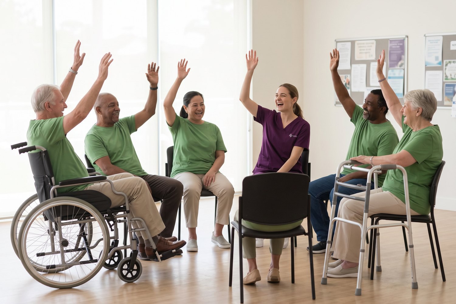 A seated exercise group at the centre, everyone reaching their arms up.