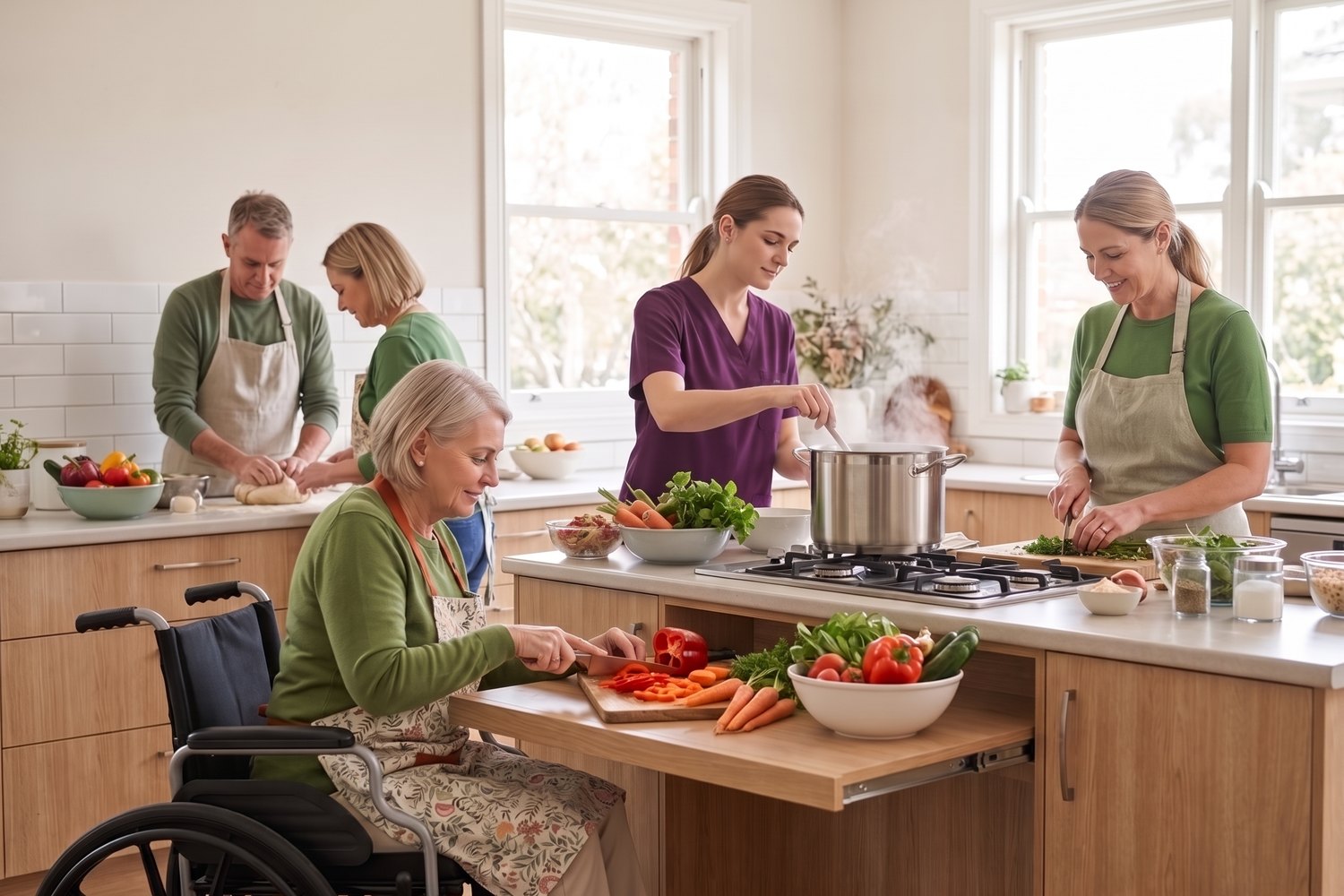 Community centre members preparing vegetables together in the kitchen.
