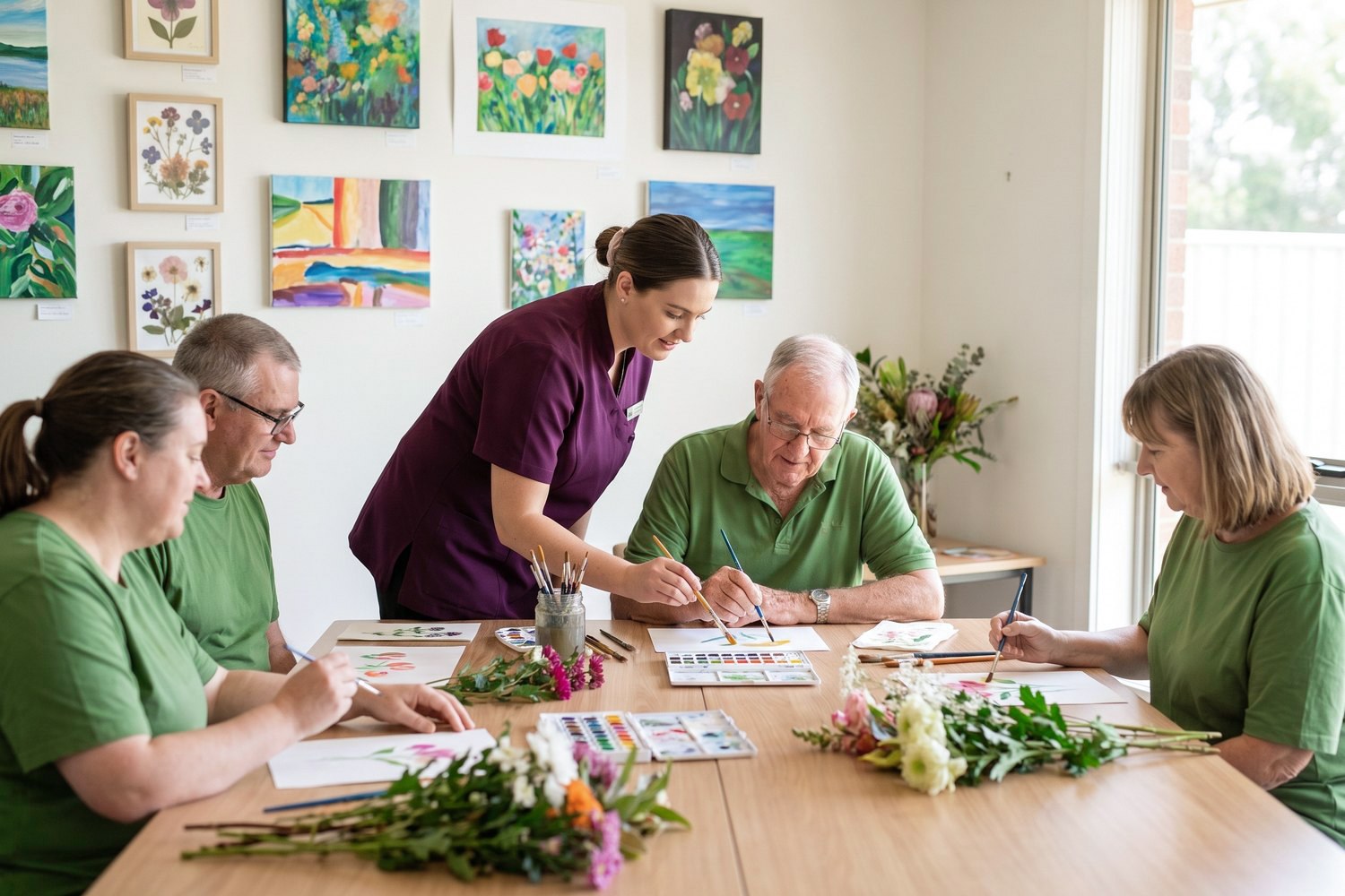Community centre members painting and arranging flowers at a craft table.