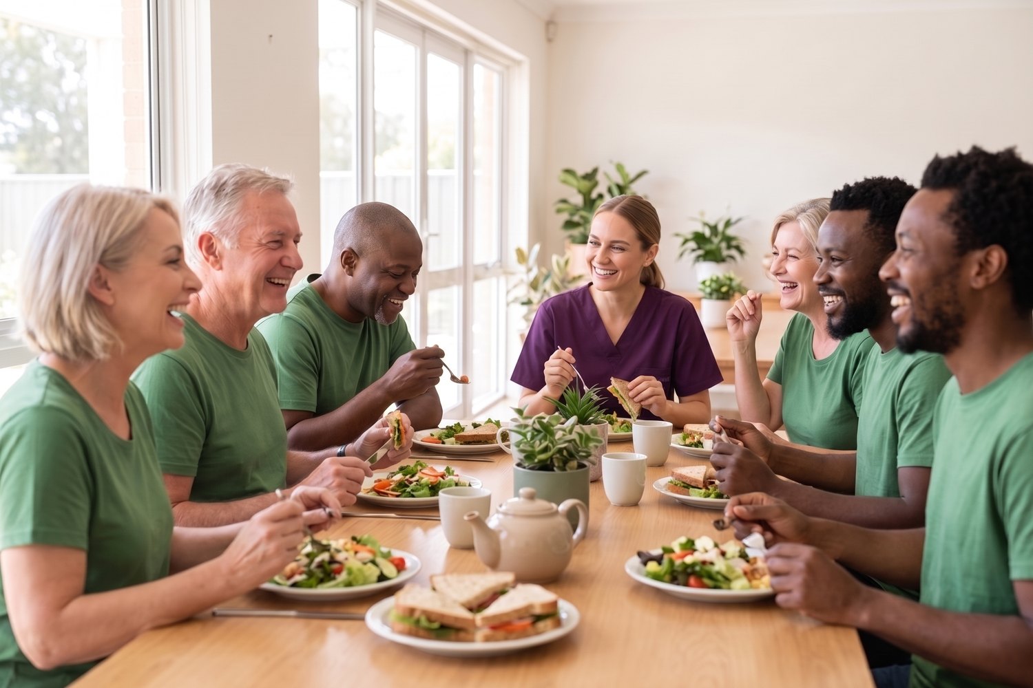 A group sharing lunch together at a long table at the centre.