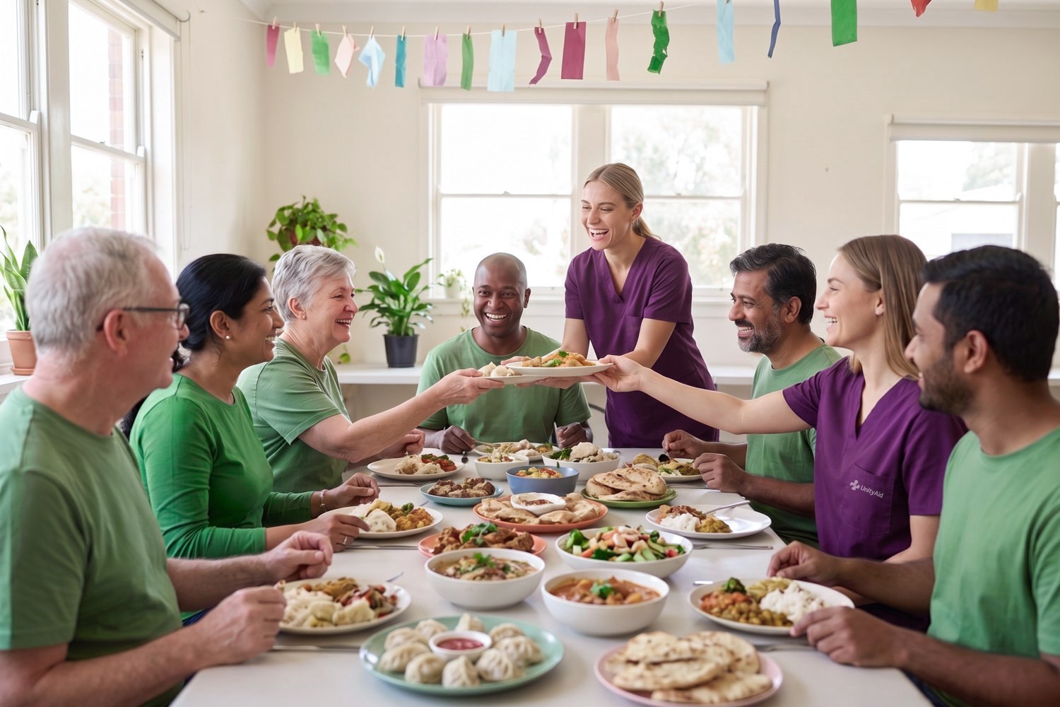 Community centre members sharing a table of food together on a cultural day.
