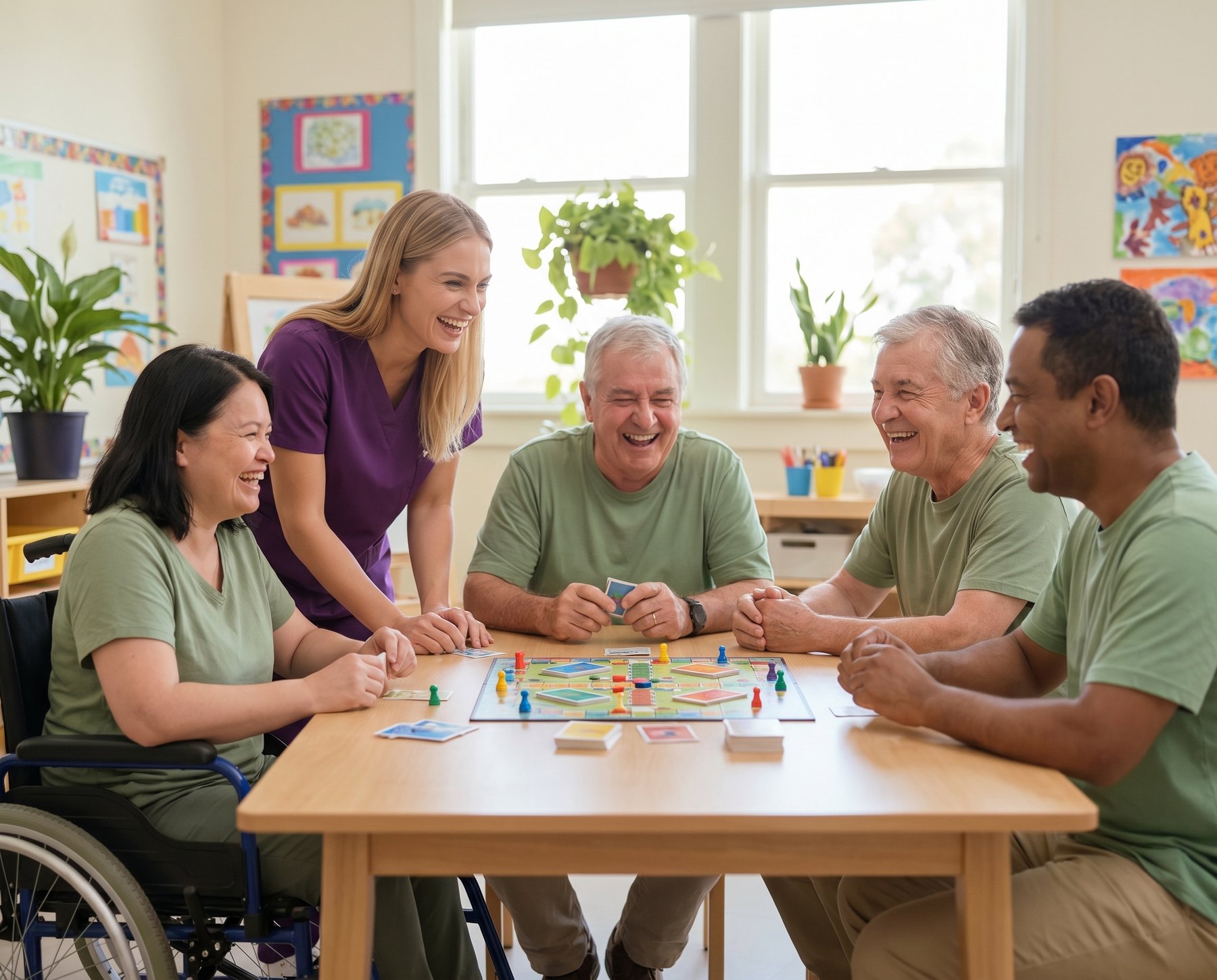 Community centre members playing a board game together at a table.