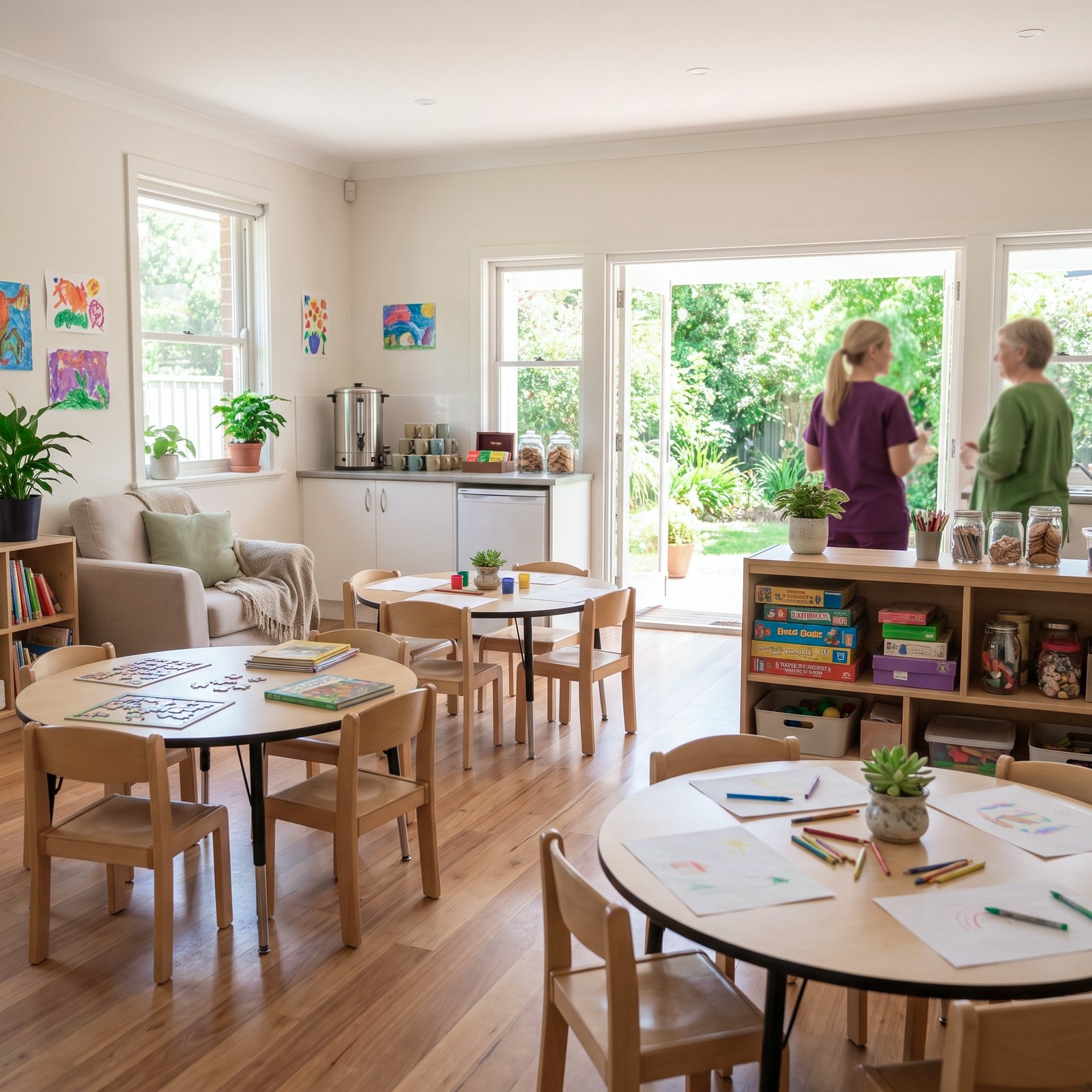 The centre's activity room, with tables, chairs and doors open to the garden.