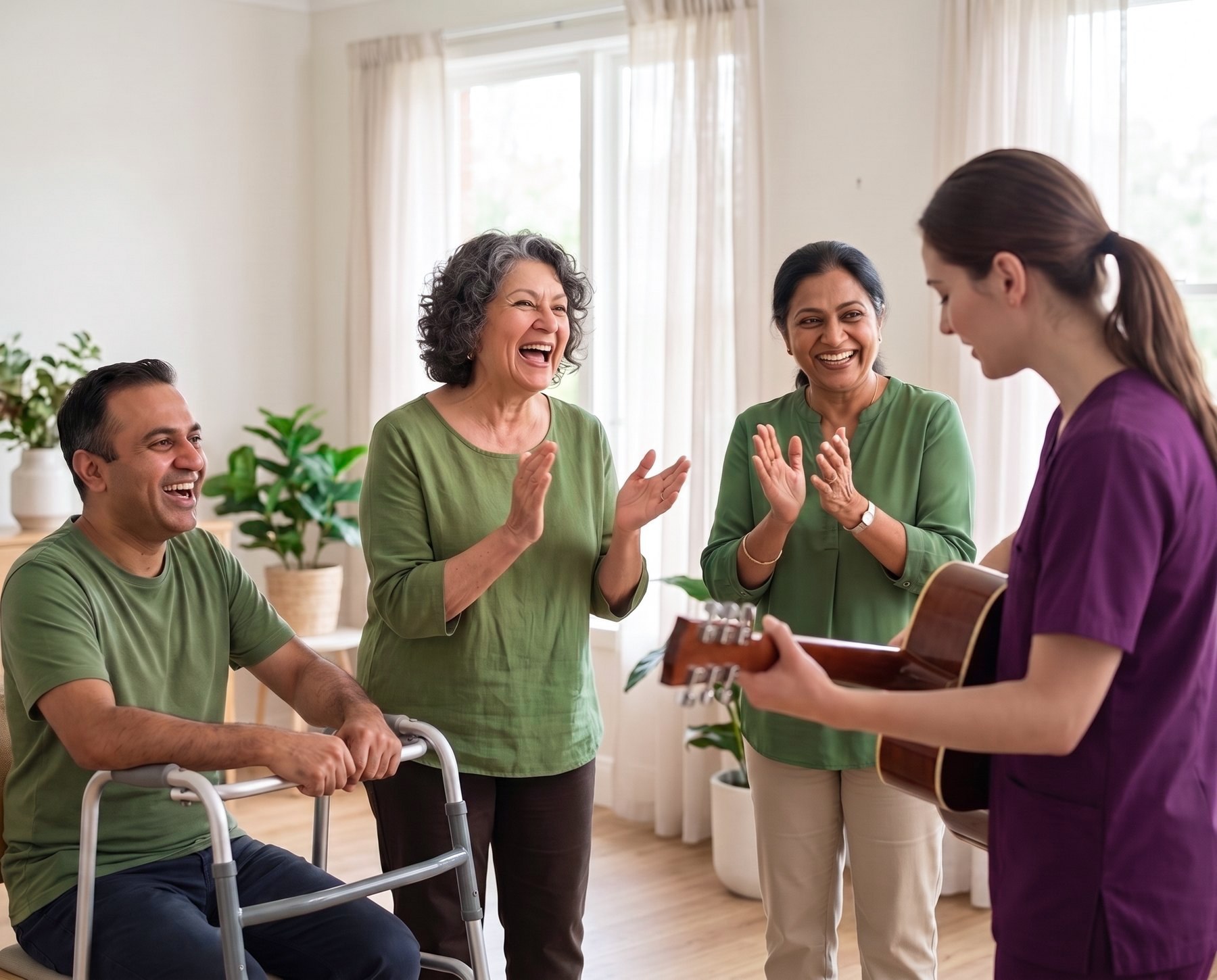 A music session at the centre, a support worker playing guitar while others clap along.