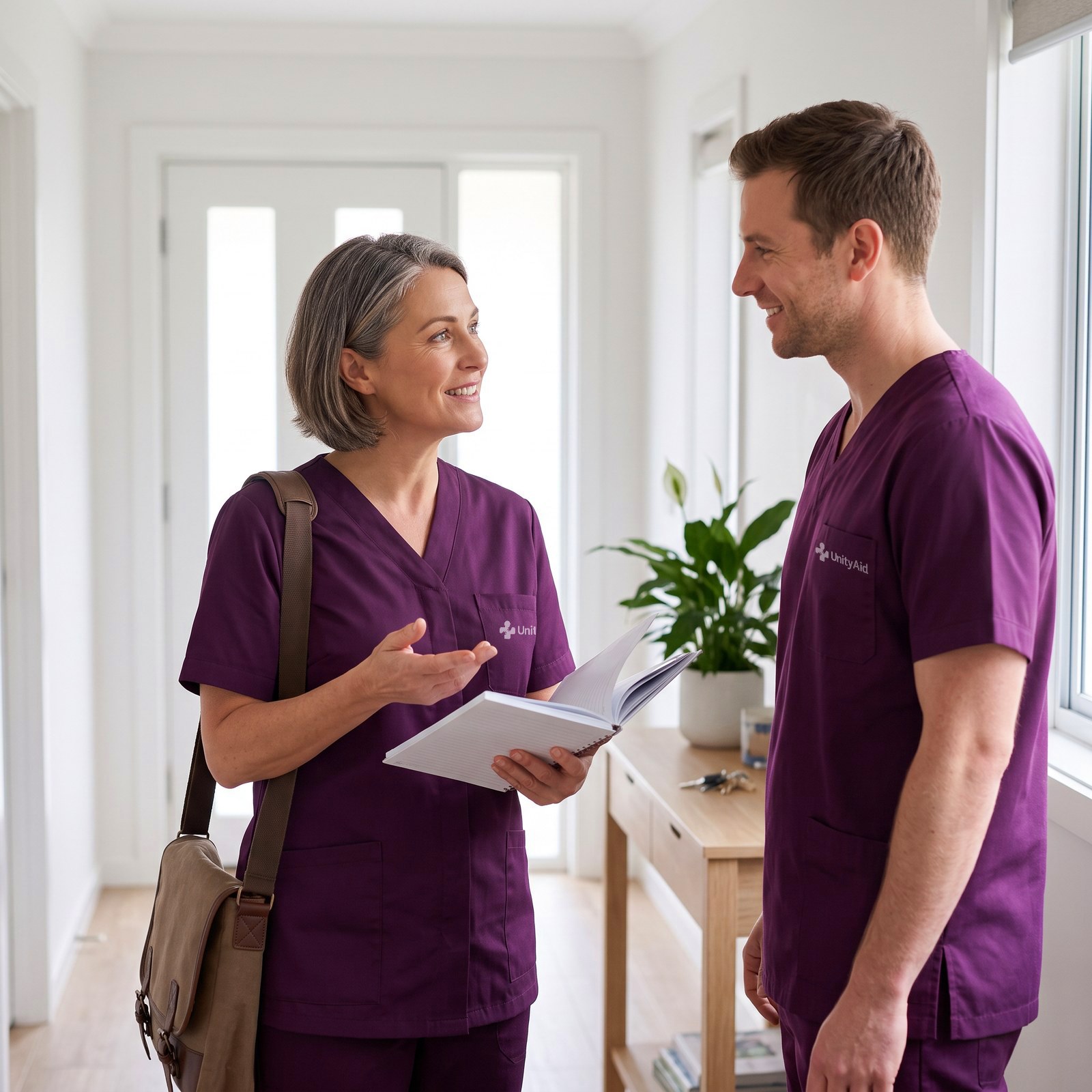 Two support workers talking at a shift handover in a hallway.
