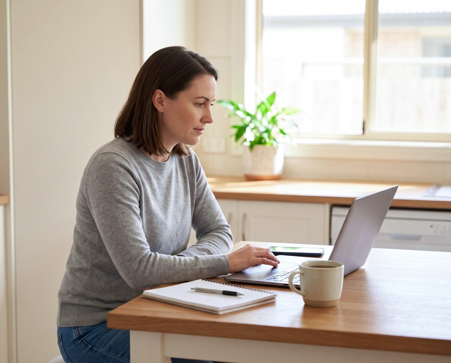 A woman filling in a job application on a laptop at her kitchen table.
