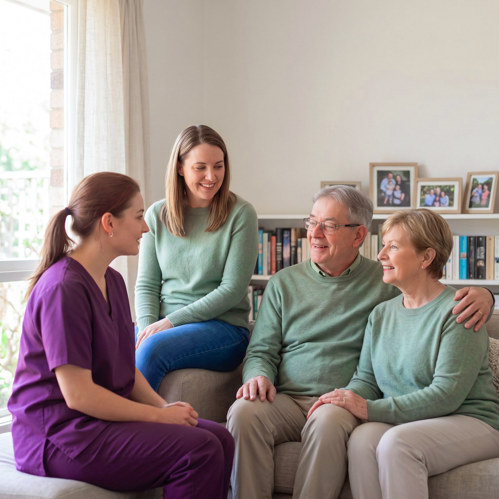 A support worker sitting with an older couple and their adult daughter at home.