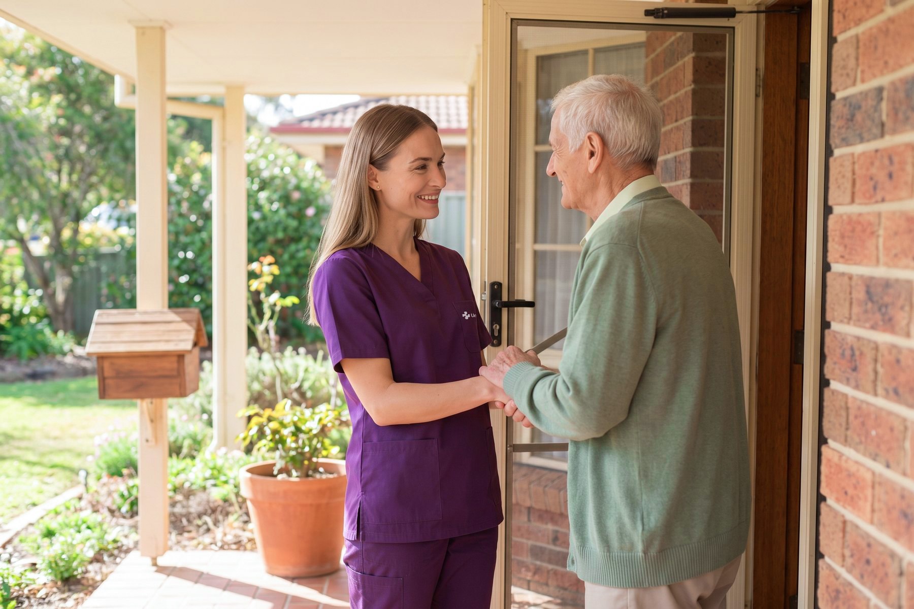 A support worker being welcomed at the front door by an older man.