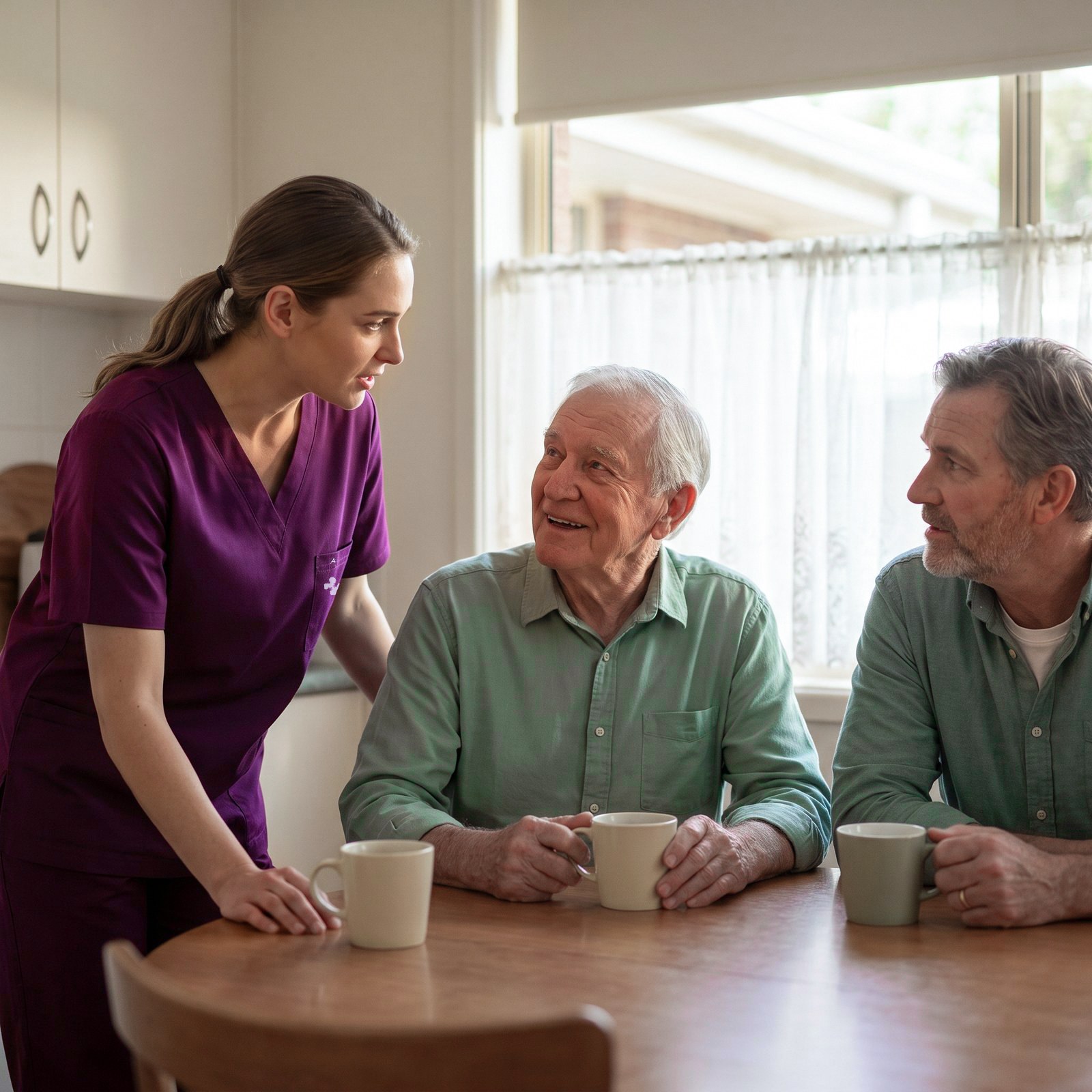 A support worker at the kitchen table with an older man and his son.