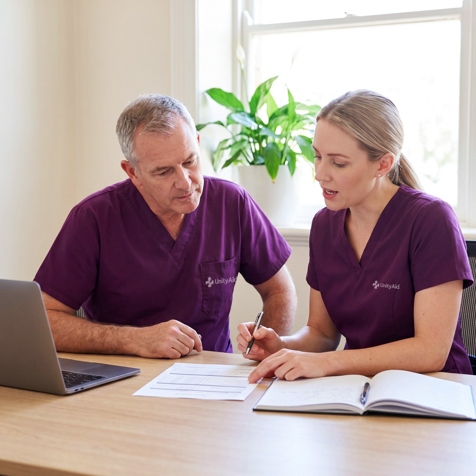 Two staff going through a written concern together at a desk.