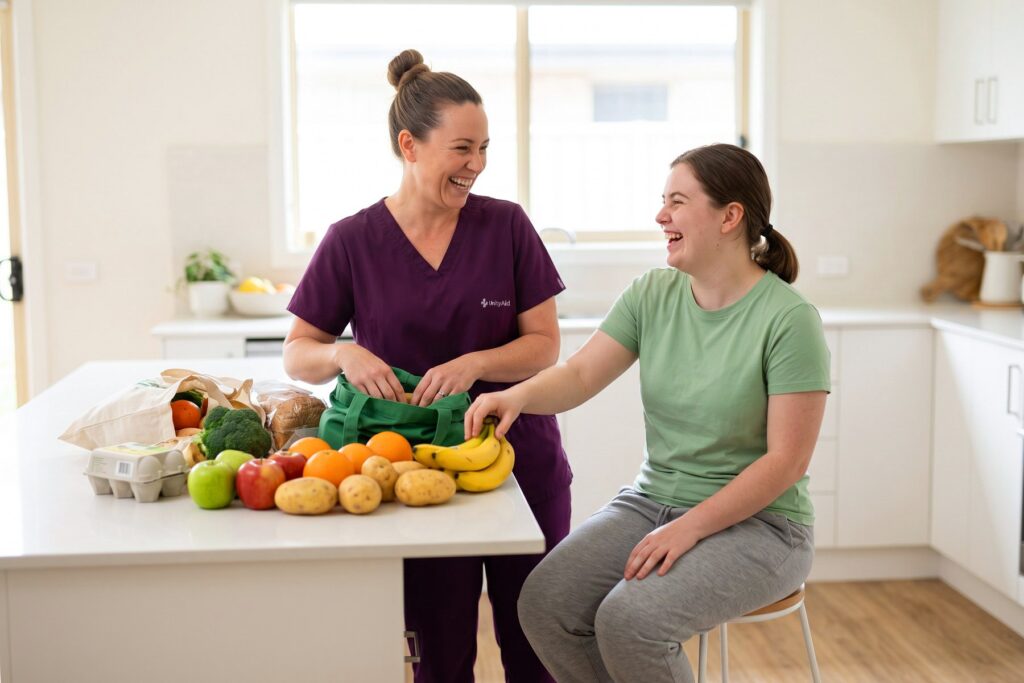 A support worker and a young woman unpacking the shopping together in the kitchen.