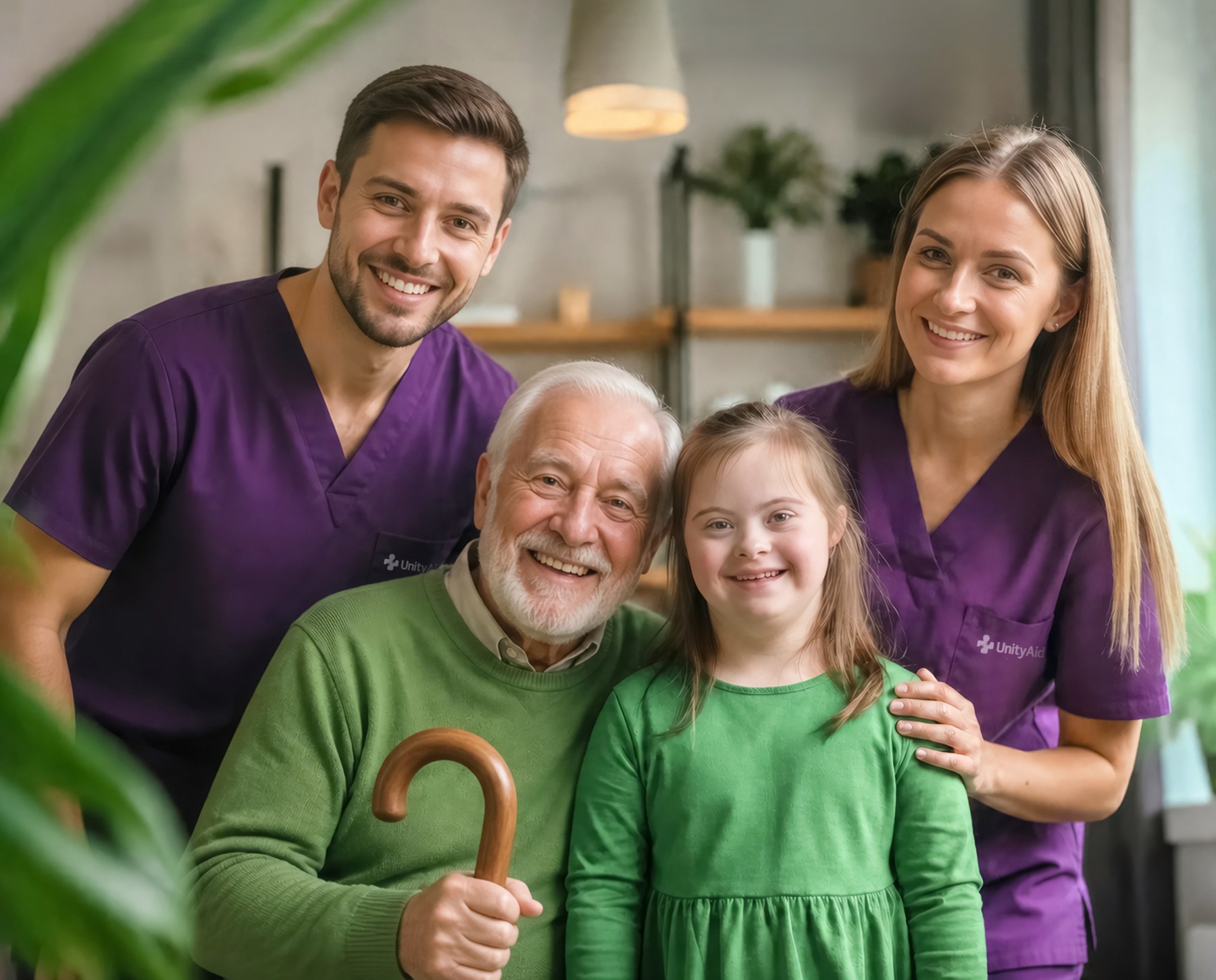 Two support workers with an older man and a young girl.