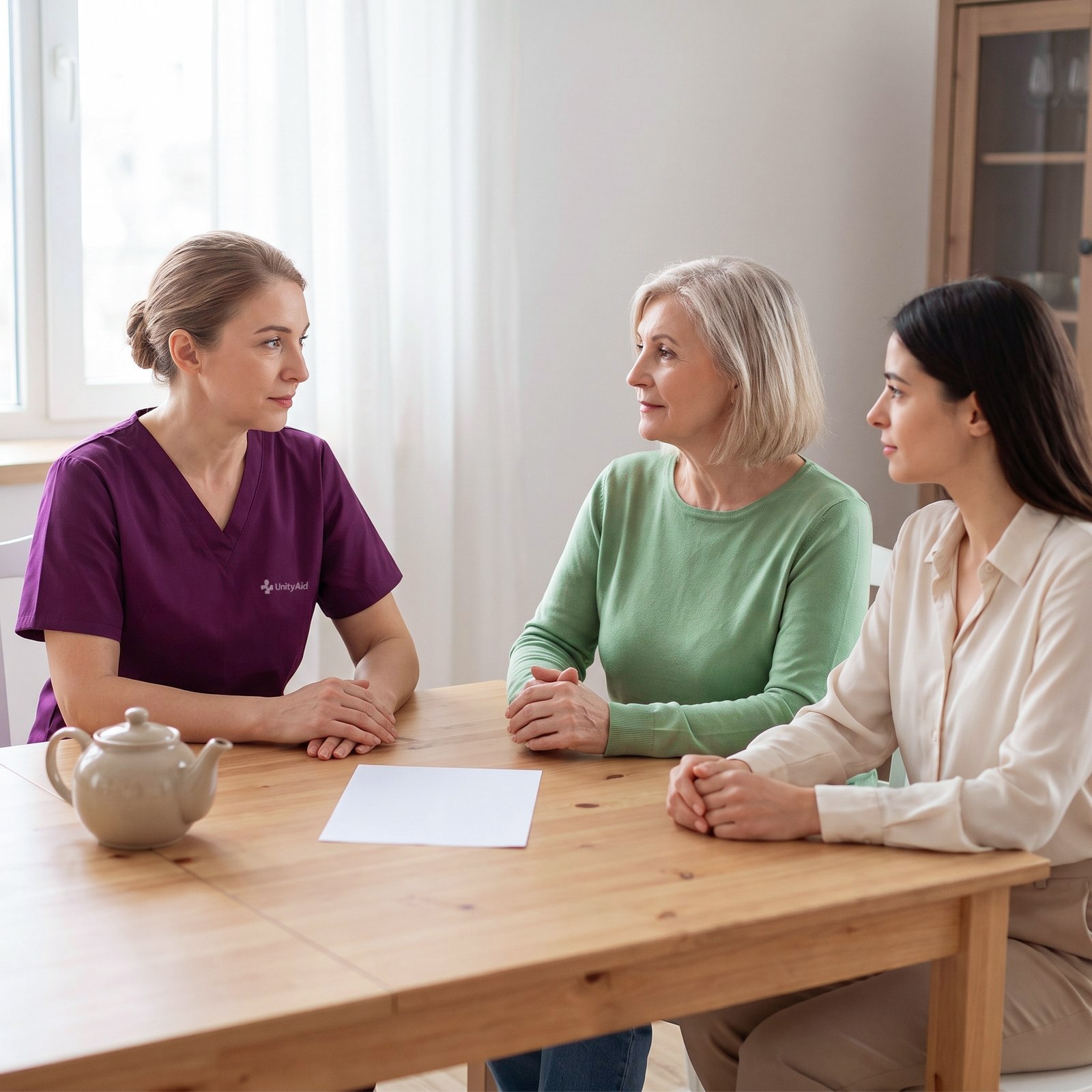 A support worker explaining an outcome to a client and her daughter at the kitchen table.
