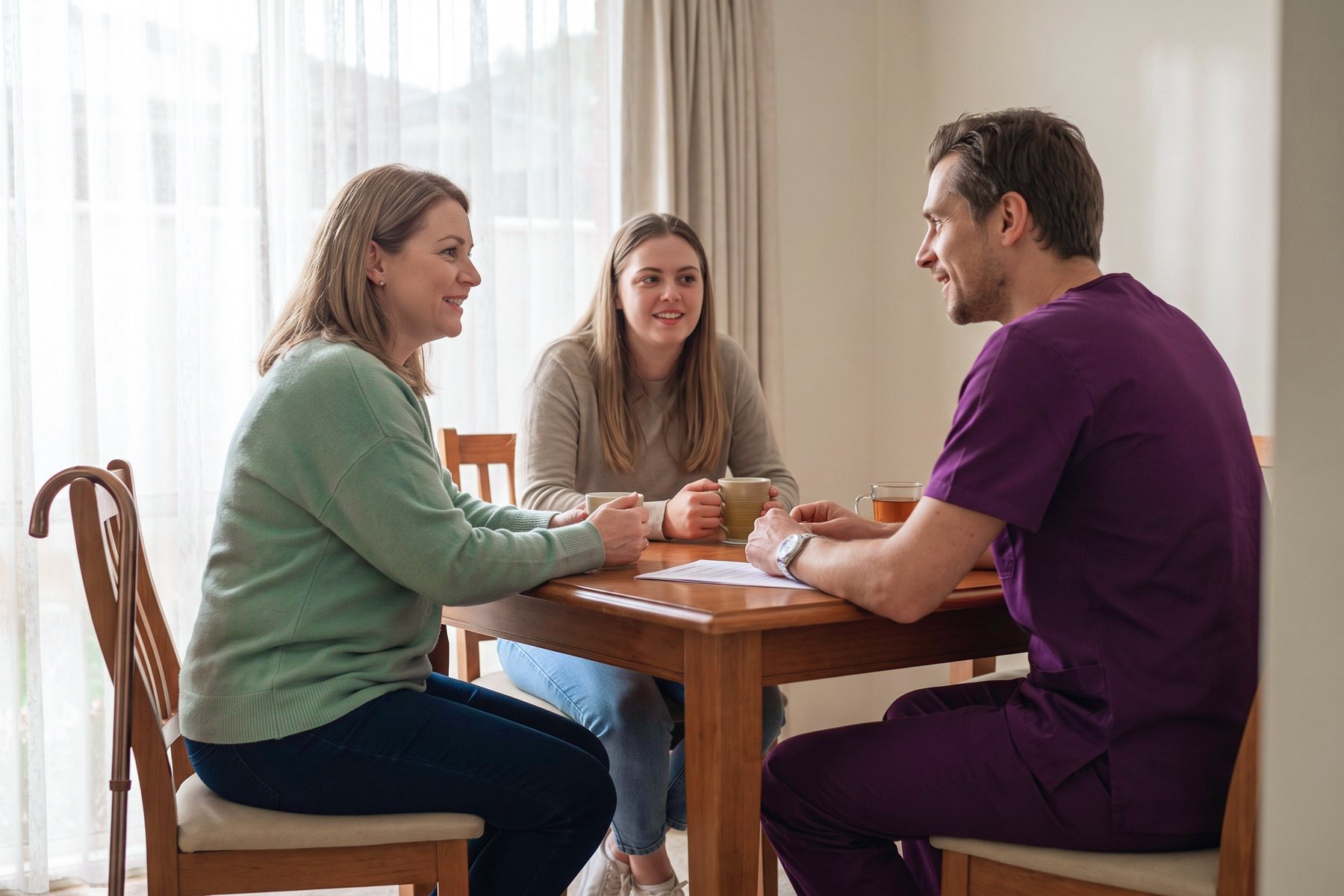 A support worker at the table with a participant and her daughter.