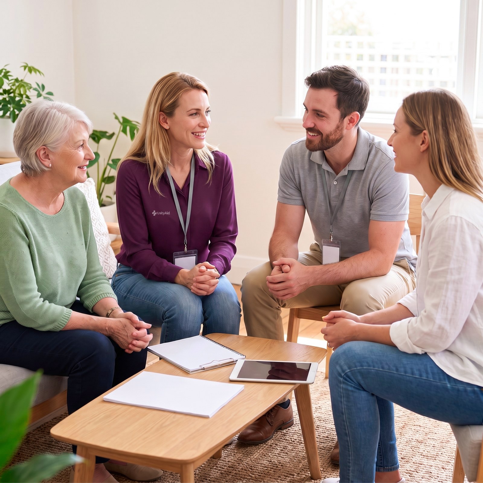 A support coordinator and a health worker meeting a client and her daughter, papers on the table.