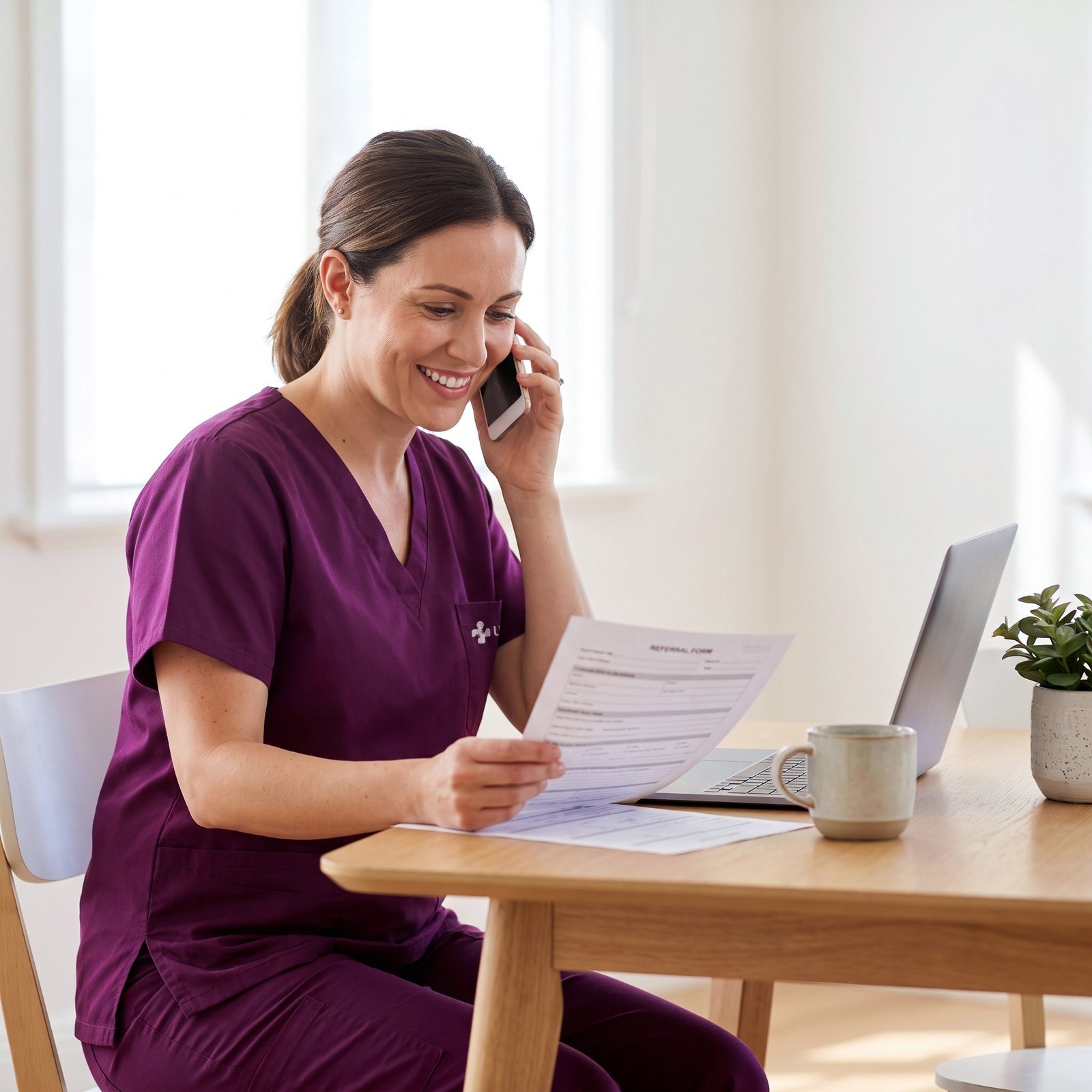 A support worker reading a referral form and making a call.