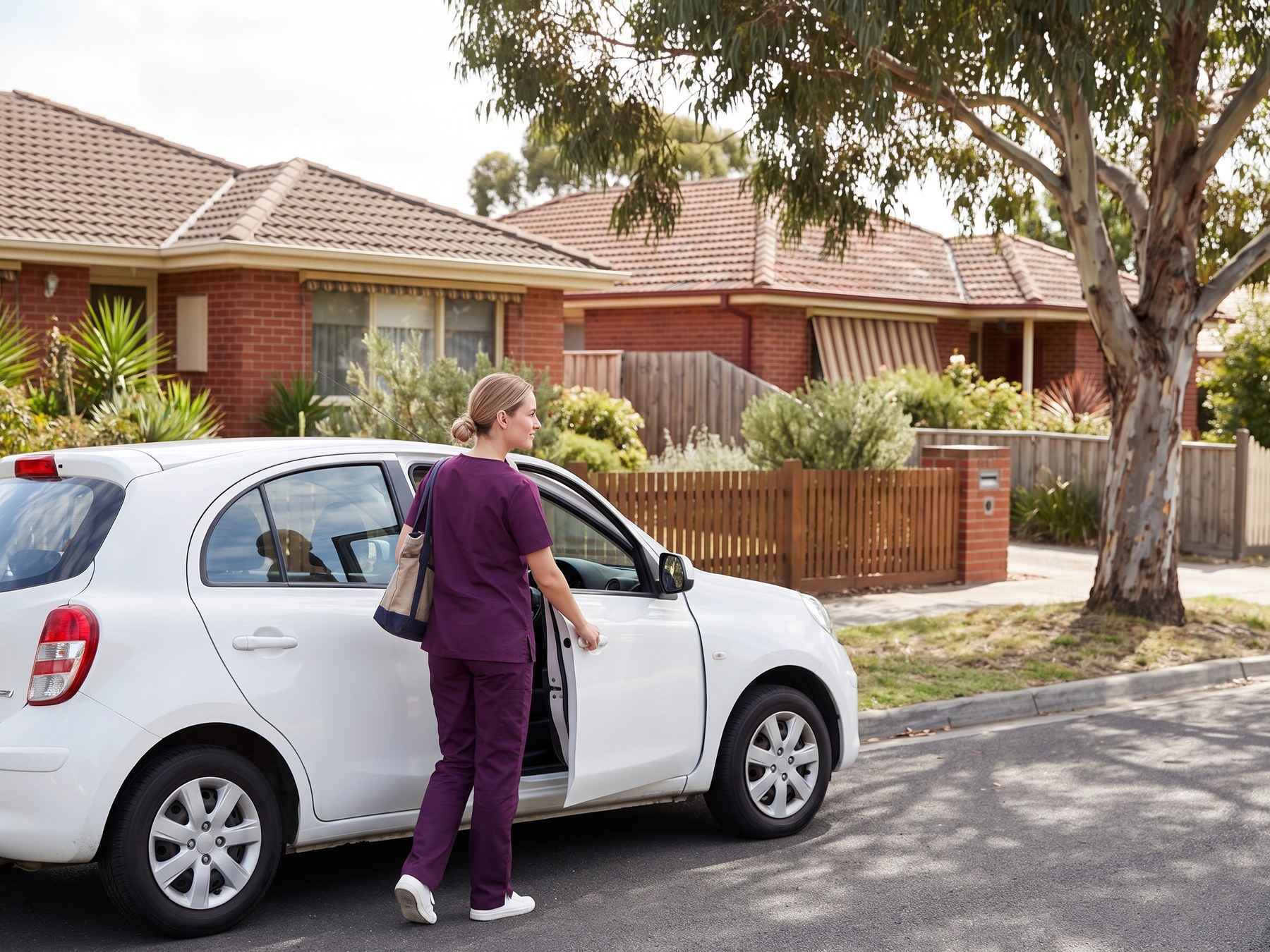 A support worker arriving by car in a leafy suburban street.