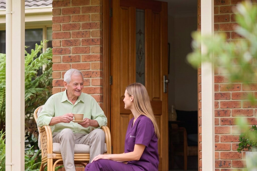 An older man and a support worker having tea on his front veranda.