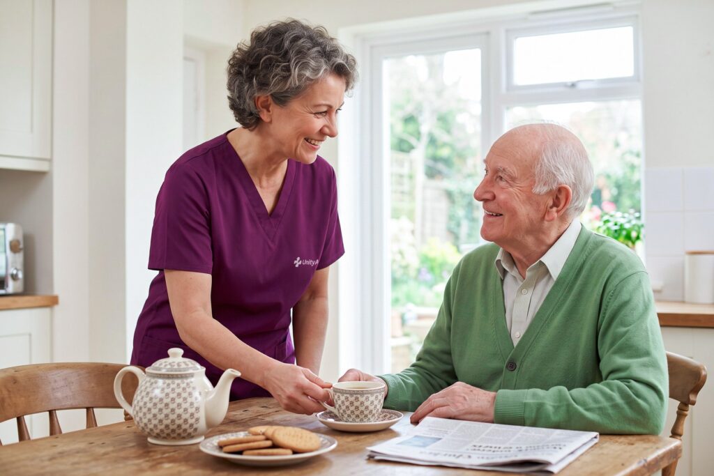A support worker setting a cup of tea down for an older man at his kitchen table.