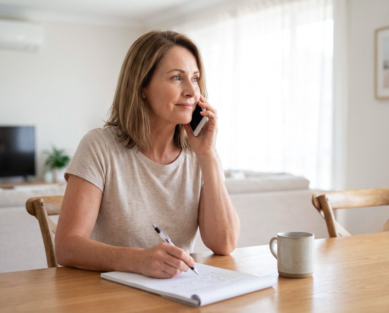 A woman at home on the phone, making notes about the support her father needs.