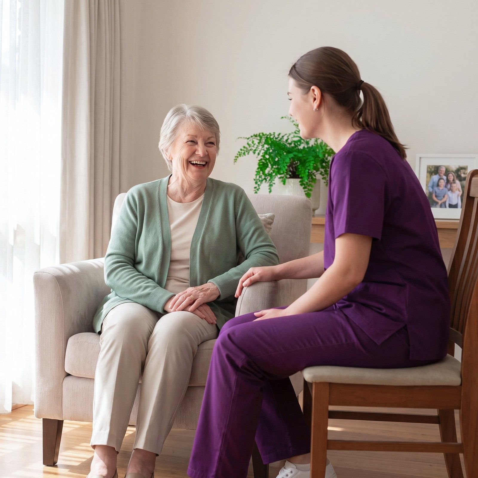 A support worker sitting and talking with an older woman in her armchair.