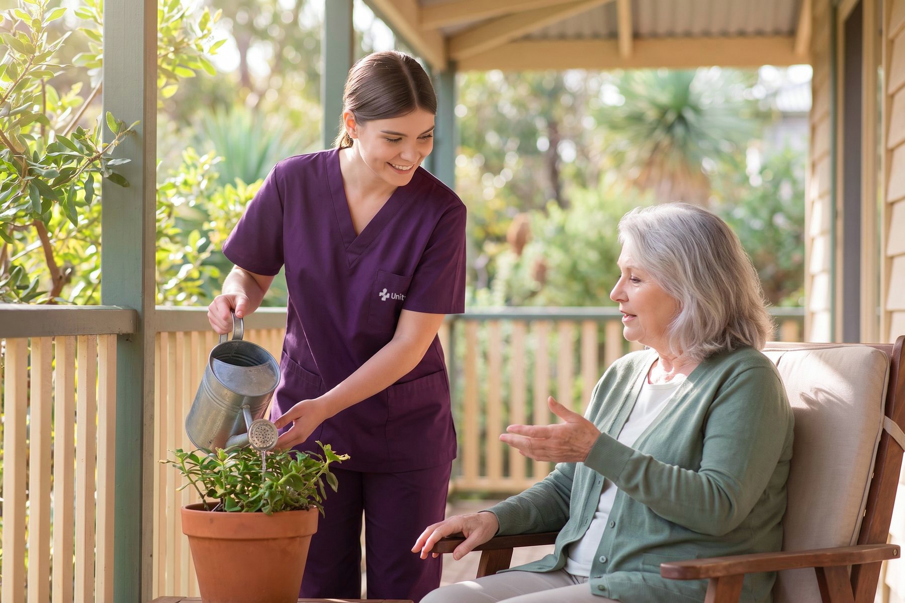 A support worker watering a plant on the veranda while an older woman talks with her.