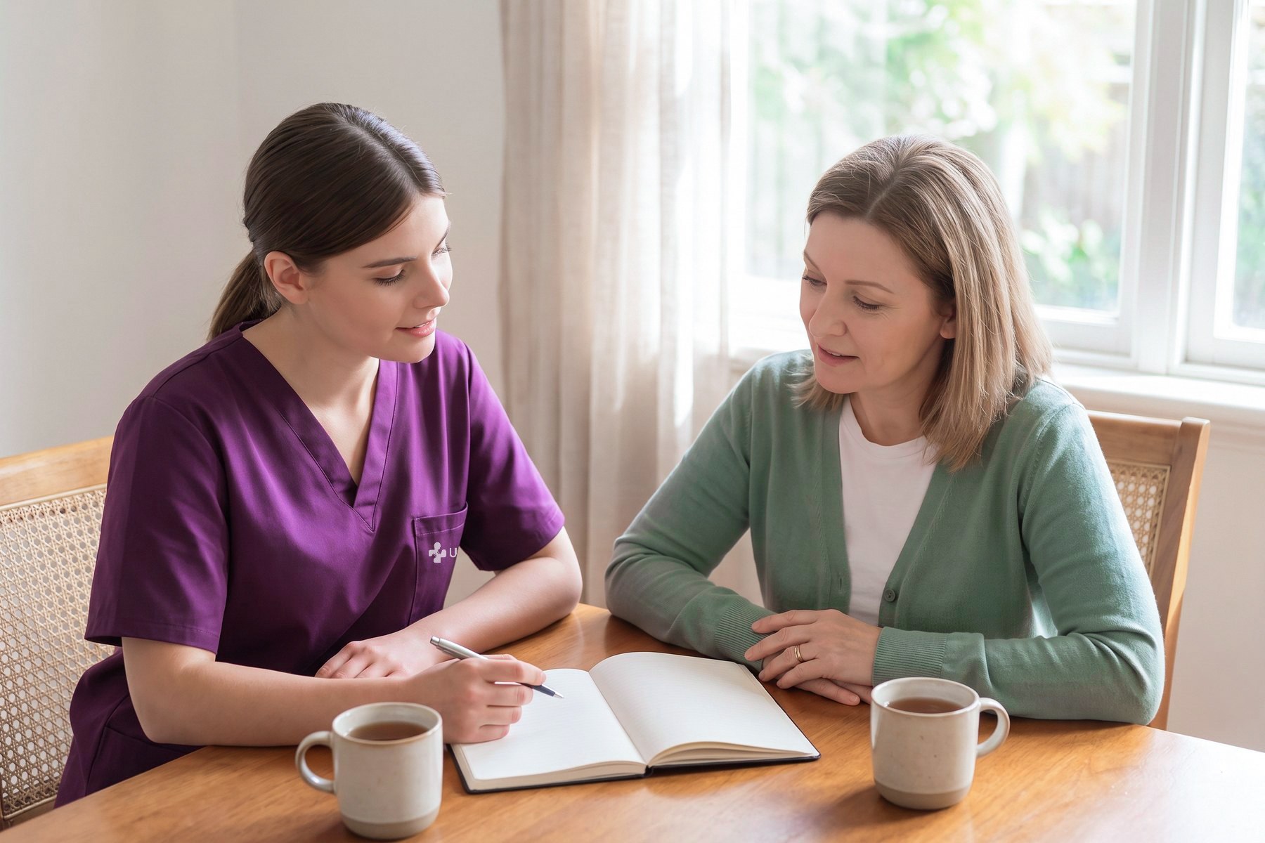 A support worker and a client working out a routine at the table.