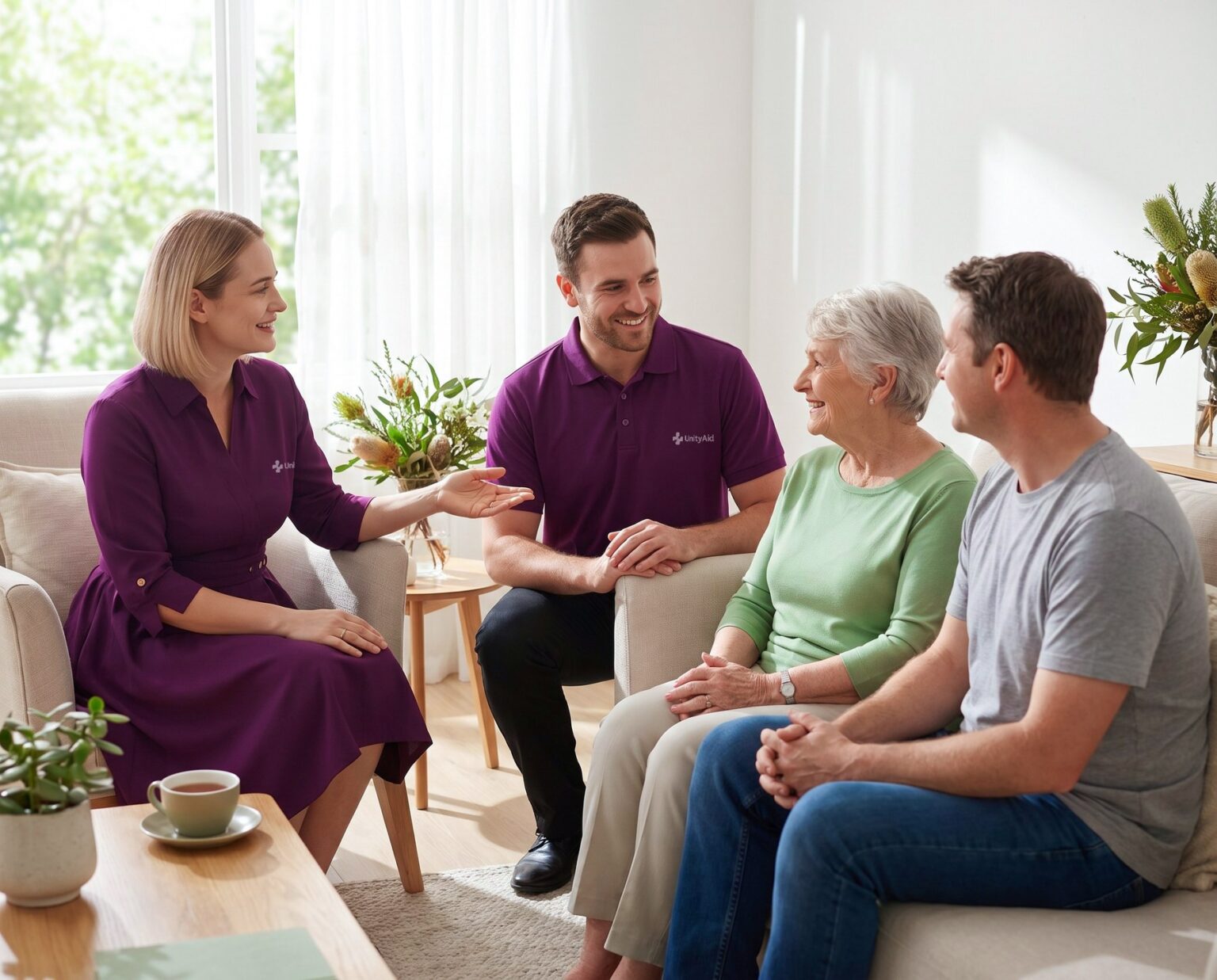 A coordinator introducing a support worker to a client and her adult son.