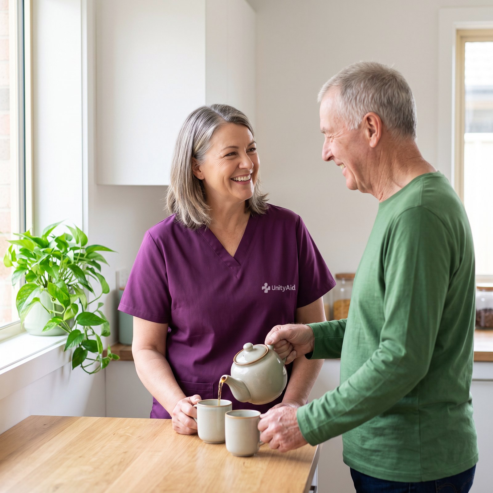 A support worker and a long-standing client making a pot of tea together.