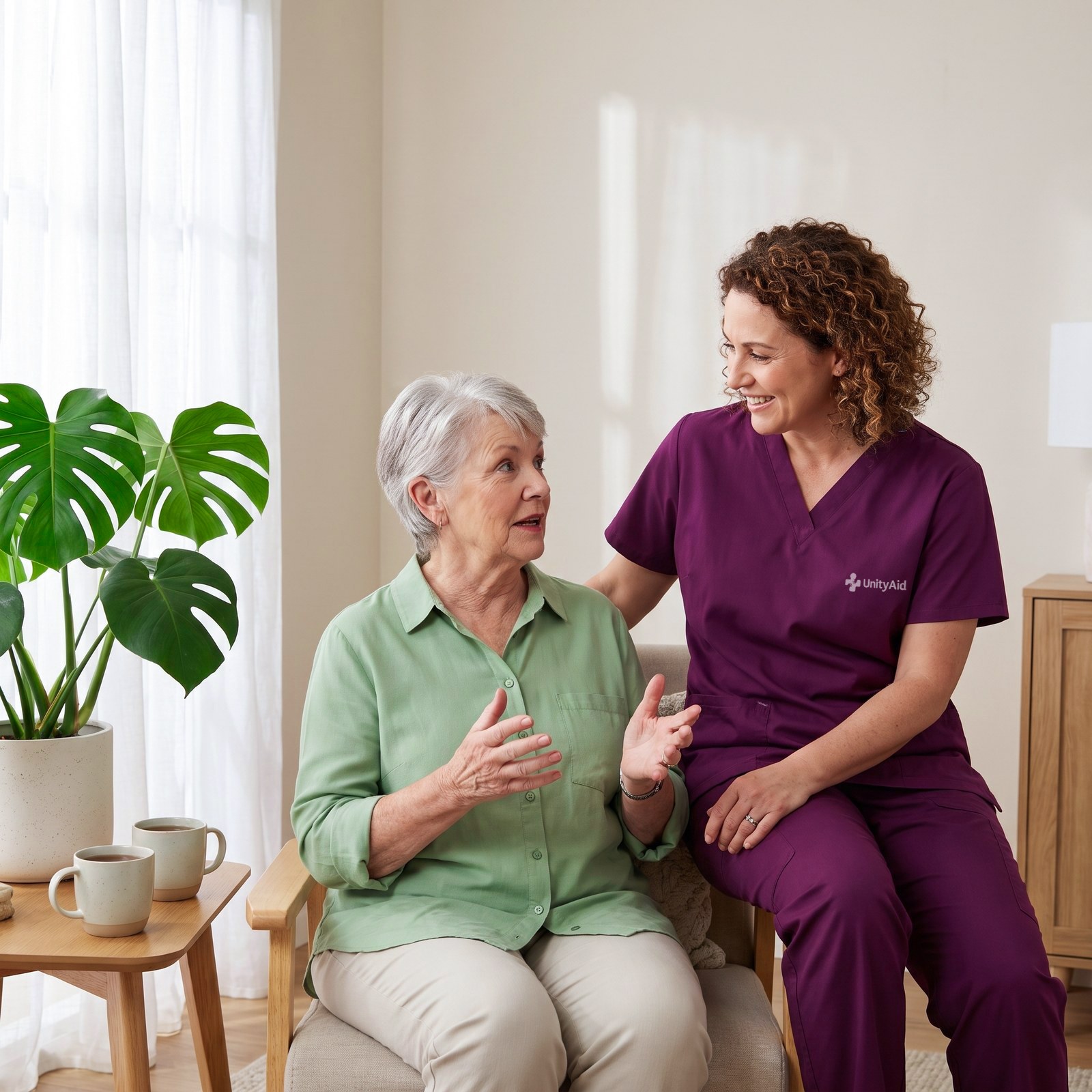 A client talking in her living room while her support worker listens.